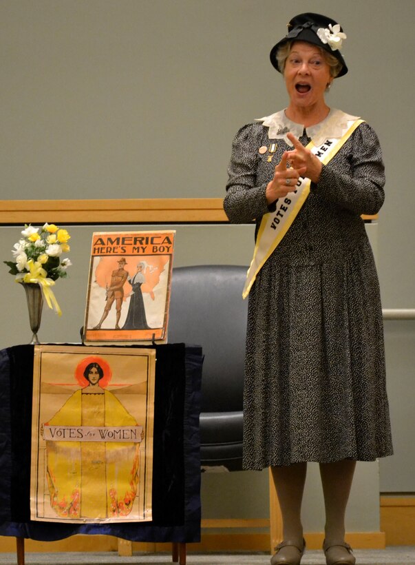 American Historical Theatre actress Pat Jordan portrays women’s suffragist Carrie Chapman Catt during a DLA Troop Support Women’s Equality Day Aug. 23. 2018. Women’s Equality Day commemorates the 19th Amendment to the U.S. Constitution, which granted women the right to vote in 1920.