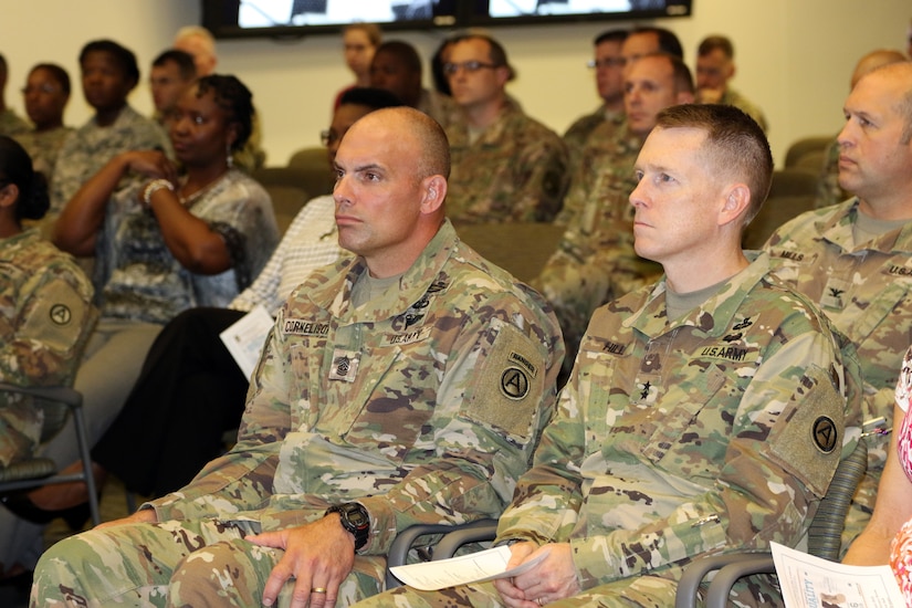 Command Sgt. Maj. Joseph C. Cornelison (left), the U.S. Army Central command sergeant major and Maj. Gen. David C. Hill (right), the USARCENT deputy commanding general, attend the Women’s Equality Day observance Aug 22nd at Patton Hall on Shaw Air Force Base, S.C. The observance was to promote gender equality to improve the culture and climate of not just our Armed Forces, but our nation as a whole.