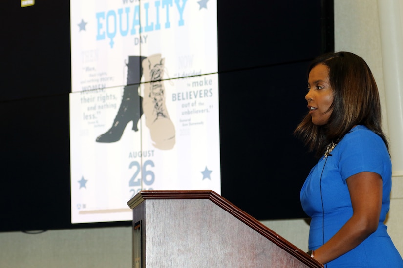 Dr. Krystal Conner speaks at the USARCENT Women’s Equality Day observance Aug 22nd at Patton Hall on Shaw Air Force Base, S.C. Conner serves as the CEO for the company her father started. Women currently comprise just 5 percent of Fortune 500 CEOs.