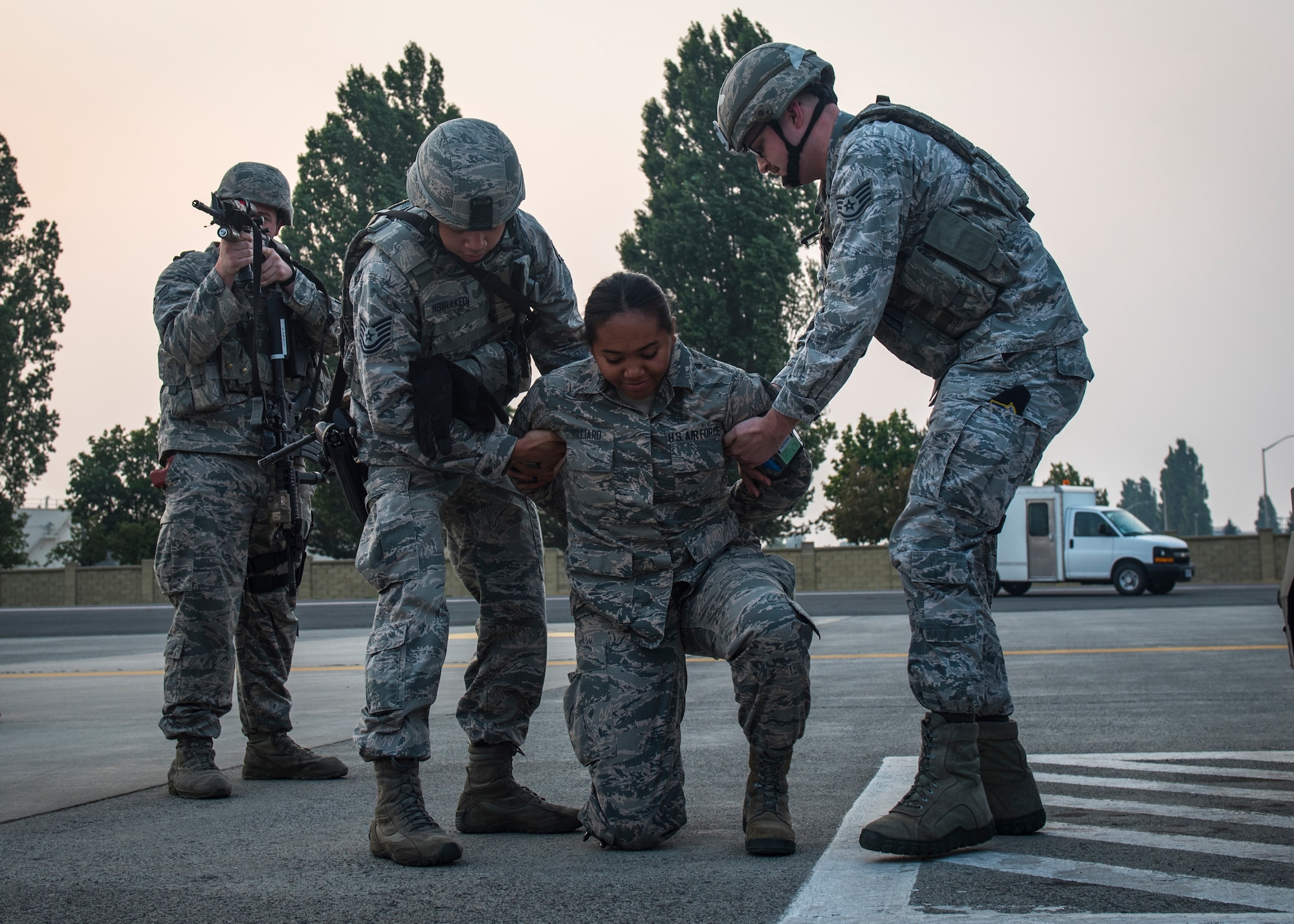 92nd Security Forces Squadron Airmen practice arresting procedures during a Titan Fury exercise at Fairchild Air Force Base, Washington, Aug. 20, 2018. All base facets played critical roles during the exercise to enhance interoperability as a total force. Titan Fury is a readiness exercise used to validate and enhance Fairchild Airmen’s ability to provide Rapid Global Mobility as required by the U.S. Strategic Command and U.S. Transportation Command. (U.S. Air Force photo/Airman 1st Class Whitney Laine)