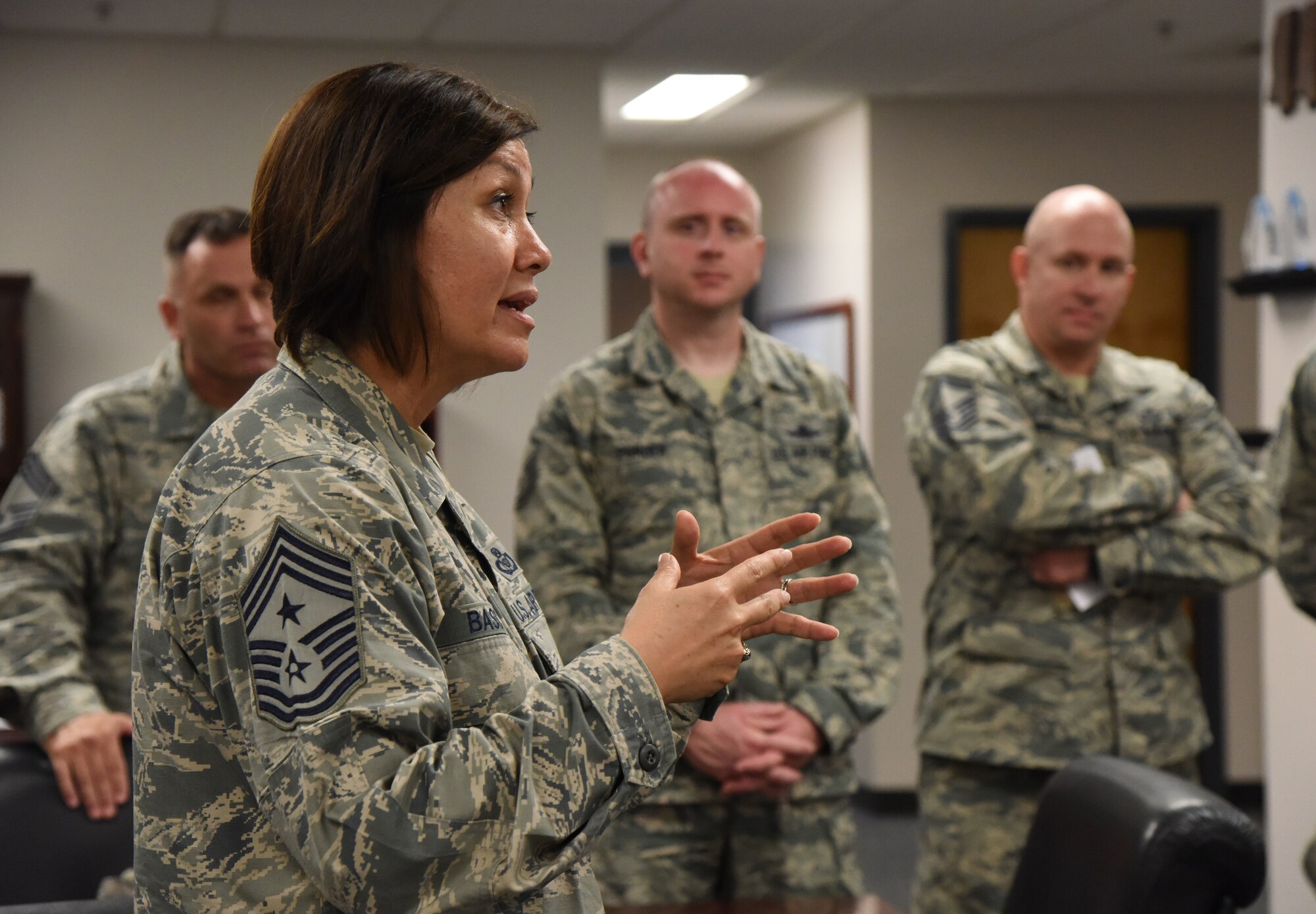 Chief Master Sgt. JoAnne Bass, 2nd Air Force command chief, speaks to 81st Training Group personnel during an immersion tour at the Levitow Training Support Facility on Keesler Air Force Base, Mississippi, Aug. 23, 2018. The purpose of the tour was to become more familiar with Keesler's mission. (U.S. Air Force photo by Kemberly Groue)