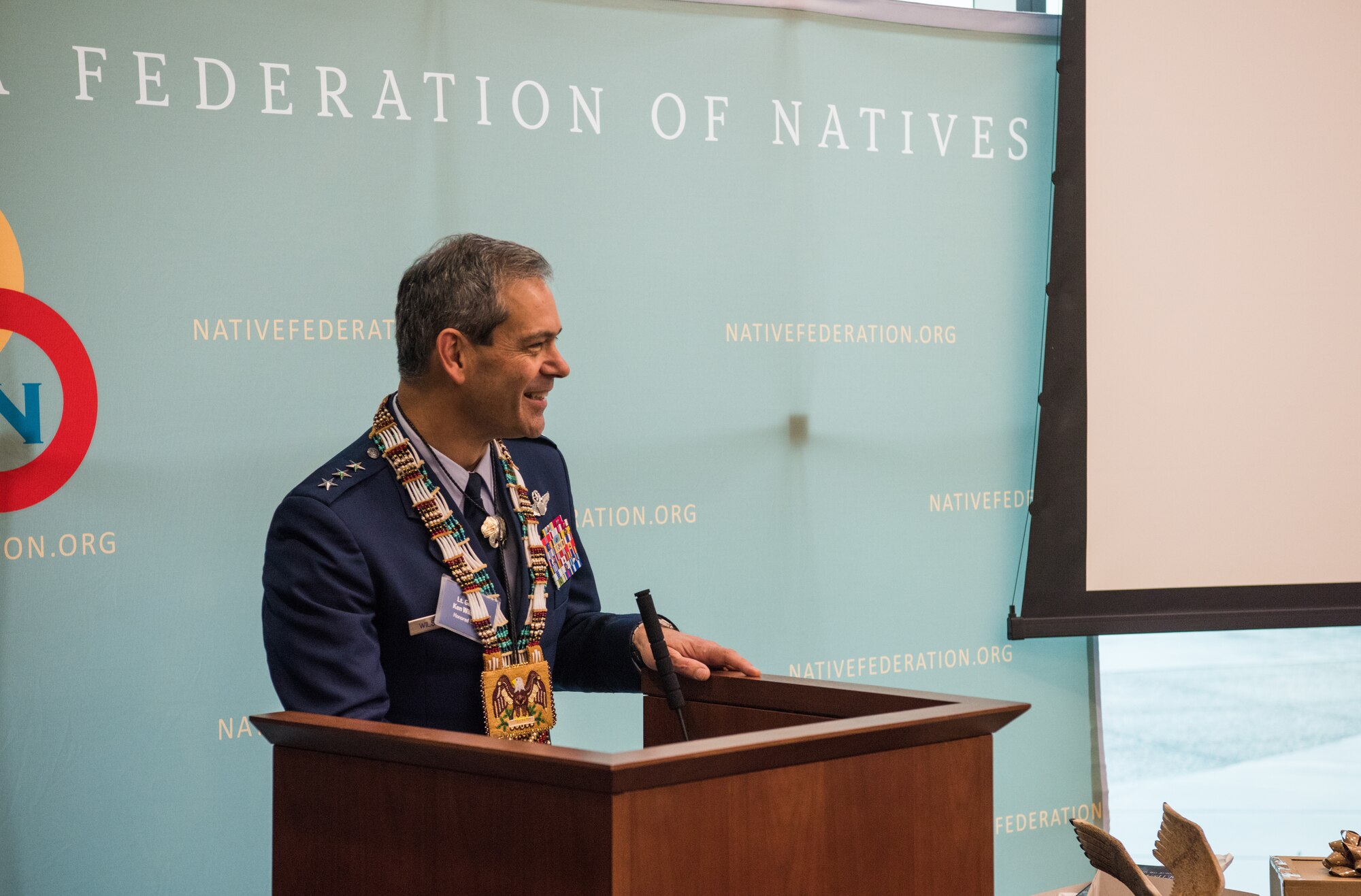 U.S. Air Force Lt. Gen. Ken Wilsbach, commander of Alaskan NORAD Region, Alaskan Command and Eleventh Air Force, speaks during a Native Alaska naming ceremony at the Fireweed Convention Center in Anchorage, Alaska, Aug. 21, 2018. The Alaskan Federation of Natives hosted the unique event honoring Wilsbach for his service and involvement with Native Alaskan communities during his tenure in Alaska. It marked the first time in Alaska Native history a U.S. Armed forces general officer was given multiple Native names.