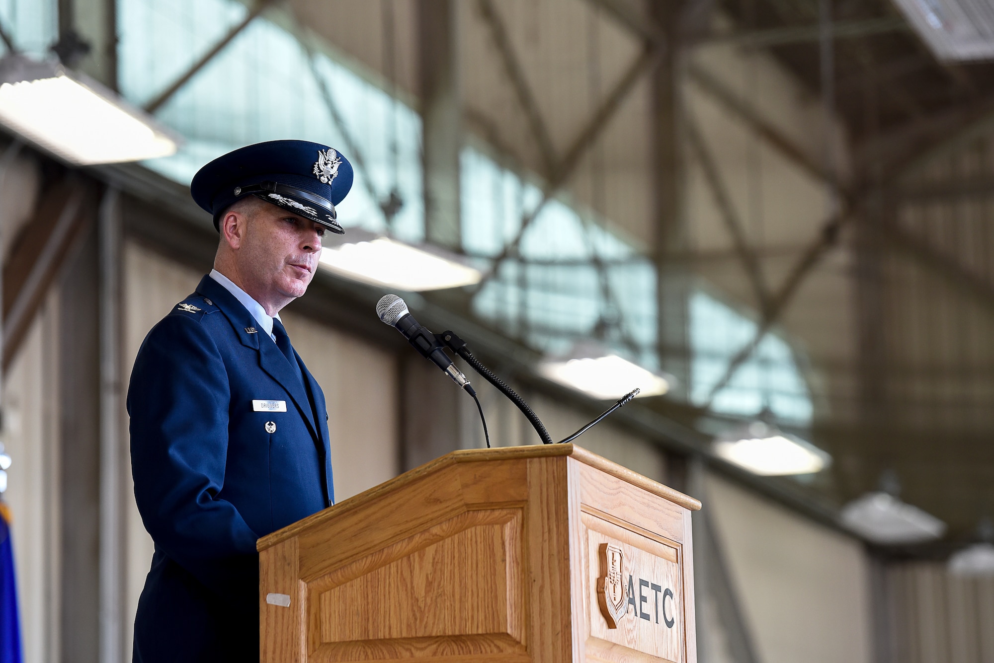 Col. Russell Driggers, 80th Flying Training Wing commander, gives his first speech.