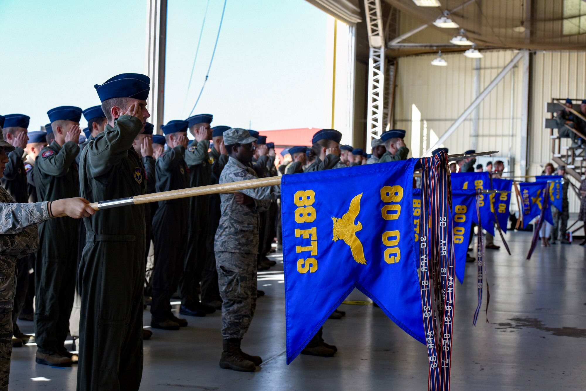 Around eight squadrons hold out their guide-on flag and salute their new commander.