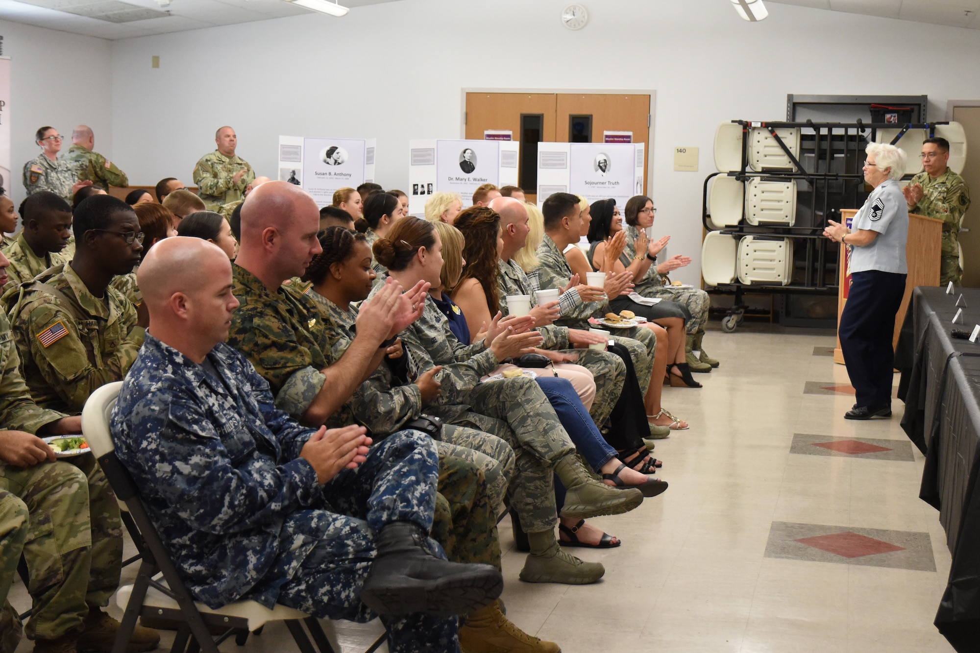 Goodfellow service members welcome retired U.S. Air Force Chief Master Sgt. Kathleen Prince back to Goodfellow for a speech about her time in the military for Women’s Equality Day at the Taylor Chapel on Goodfellow Air Force Base, Texas, Aug. 24, 2018. Prince was stationed at Goodfellow several times during her career with the Air Force and now teaches junior ROTC cadets at Central High School in San Angelo. (U.S. Air Force photo by Airman 1st Class Seraiah Hines/Released)