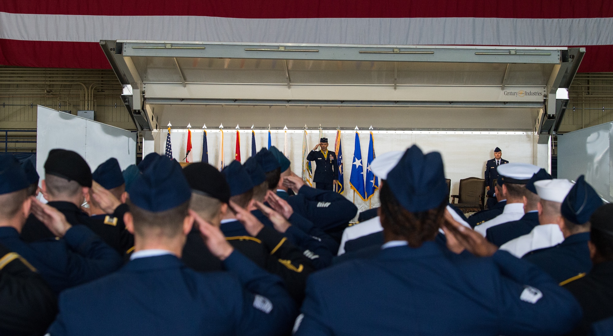 Joint service members render their final salutes to U.S. Air Force Lt. Gen. Ken Wilsbach during a change of command ceremony for Alaskan North American Aerospace Defense Command, Alaskan Command, and the Eleventh Air Force at Joint Base Elmendorf-Richardson, Alaska, Aug. 24, 2018. U.S. Air Force Lt. Gen. Tom Bussiere replaced Wilsbach as commander. Family, friends, Arctic warriors and civic leaders from the surrounding communities attended the ceremony that was jointly-officiated by U.S. Air Force Gen. Terrence J. O’Shaughnessy, commander of the United States Northern Command and North American Aerospace Defense Command, and U.S. Air Force Gen. Charles Q. Brown, the commander of Pacific Air Forces.