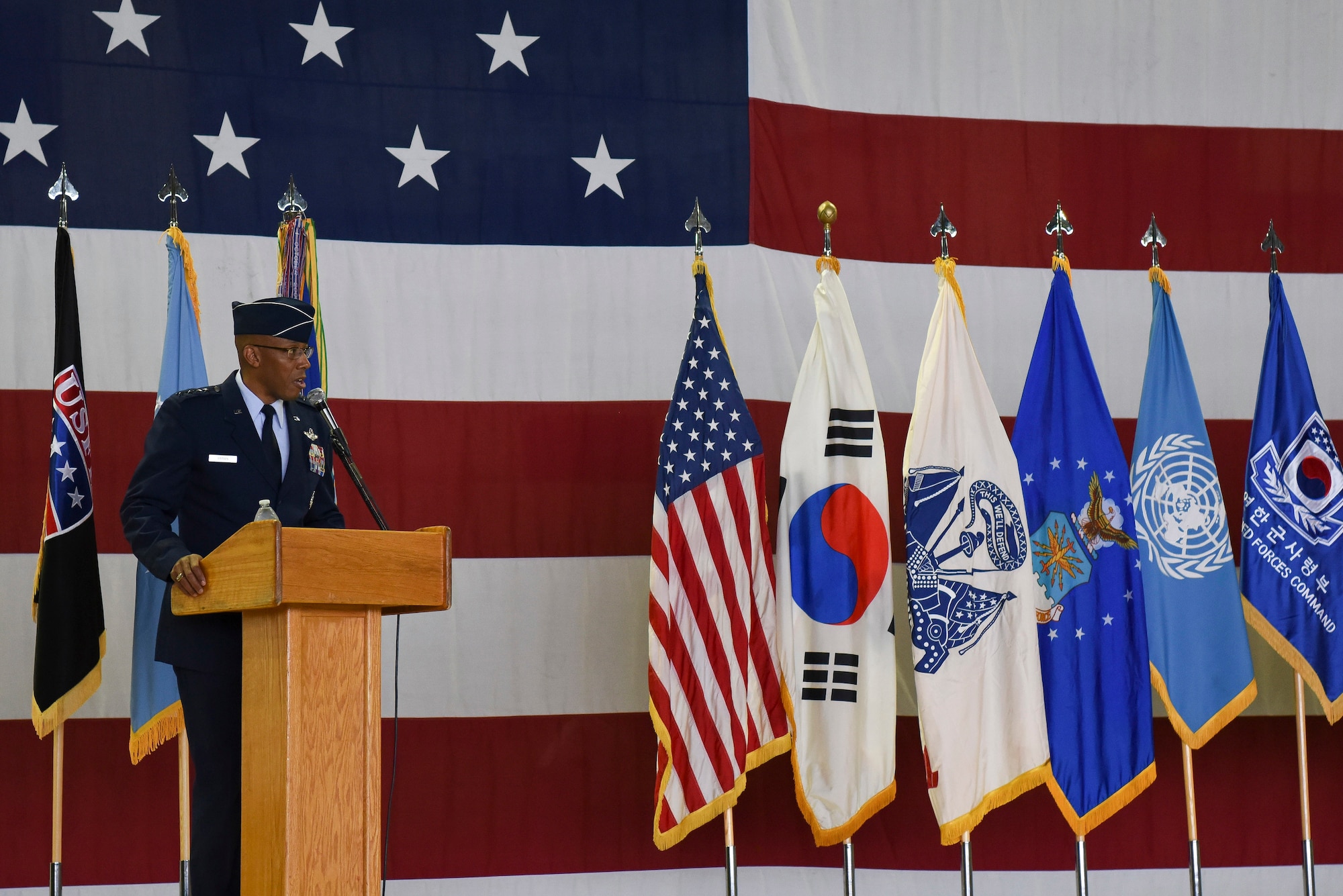 Gen. CQ Brown, Jr., Commander, Pacific Air Forces, gives his opening remarks during the Seventh Air Force Change of Command Ceremony at Osan Air Base, Republic of Korea Aug. 27, 2018. During the ceremony Brown bid farewell to Lt. Gen. Thomas W. Bergeson and welcomed Lt. Gen. Kenneth S. Wilsbach to the ROK.  (U.S. Photo by Senior Airman Savannah L. Waters)