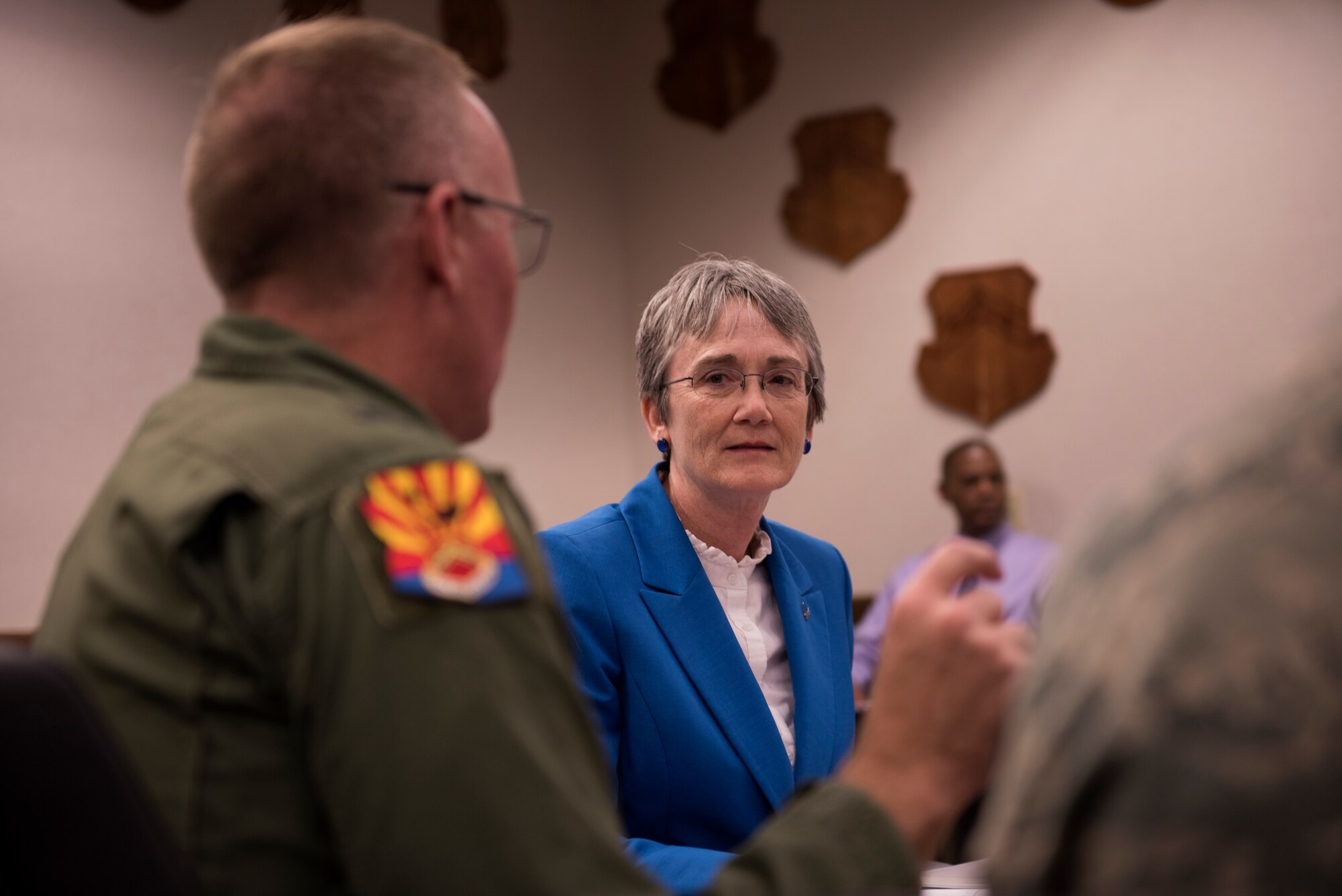 Secretary of the Air Force, Heather Wilson, receives a mission brief from Brig. Gen. Todd Canterbury, 56th Fighter Wing commander Aug. 24, 2018, at Luke Air Force Base, Ariz. Wilson visited the base to meet with Thunderbolts and familiarize herself with the wing’s F-35A training mission. (U.S. Air Force photo by Senior Airman Ridge Shan)