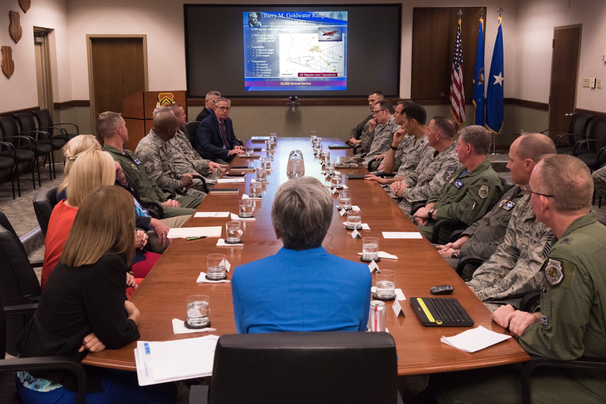 Secretary of the Air Force, Heather Wilson, receives a mission brief from 56th Fighter Wing leadership Aug. 24, 2018, at Luke Air Force Base, Ariz. Wilson was accompanied on her visit by Congresswomen Debbie Lesko, Martha McSally and Kyrsten Synema. (U.S. Air Force photo by Senior Airman Ridge Shan)