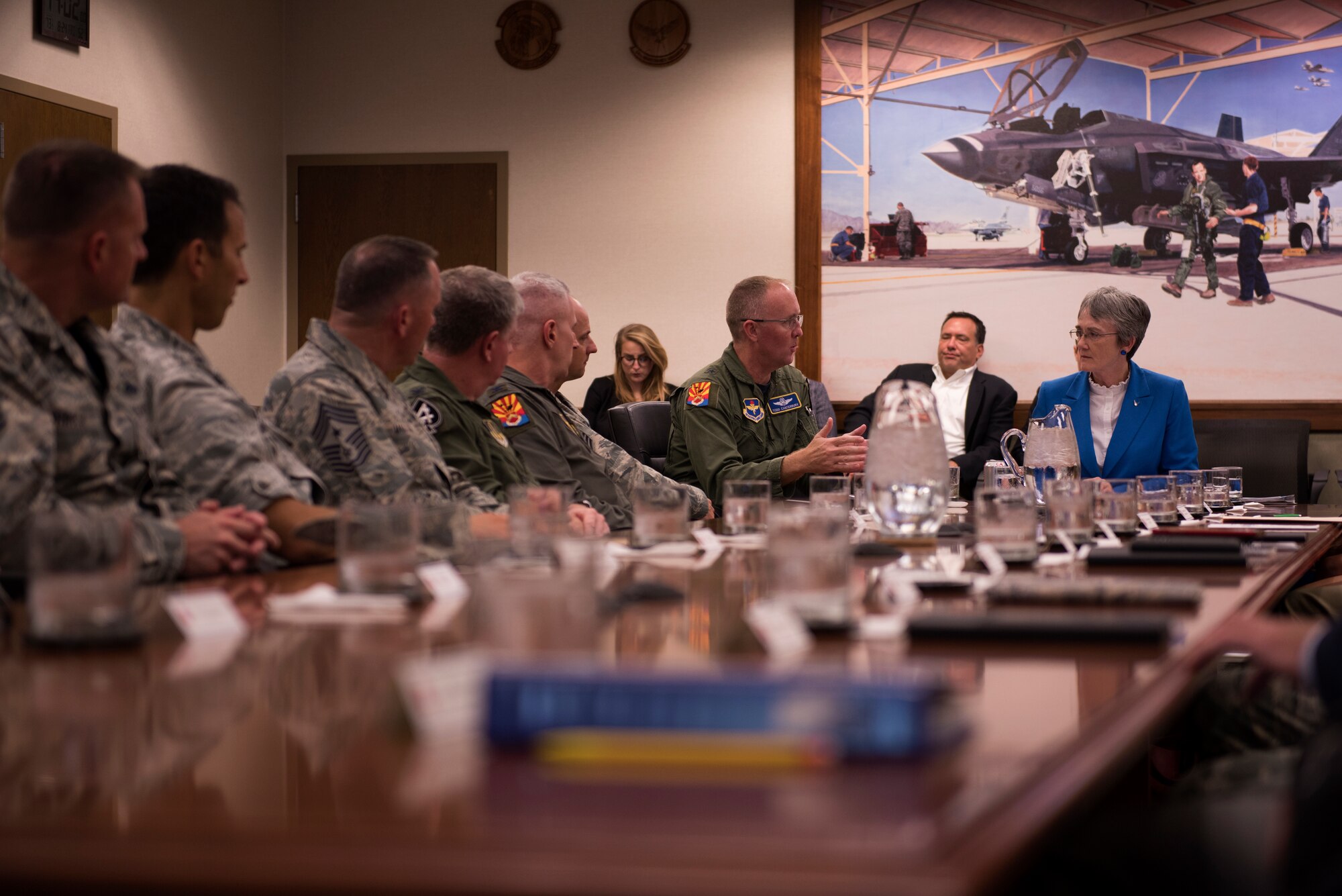 Secretary of the Air Force, Heather Wilson, receives a mission brief from 56th Fighter Wing leadership Aug. 24, 2018, at Luke Air Force Base, Ariz. This was Wilson’s first visit to Luke since becoming Secretary of the Air Force in February 2017. (U.S. Air Force photo by Senior Airman Ridge Shan)