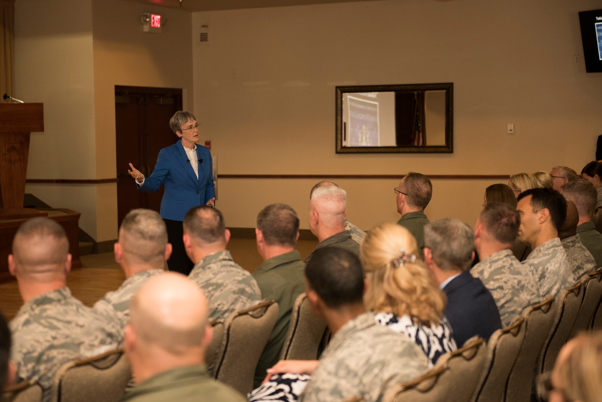 Secretary of the Air Force Heather Wilson provides remarks during a Town Hall for base personnel, Aug. 24, 2018, at Luke Air Force Base, Ariz. Wilson provided updates on several Air Force initiatives including innovation and revitalizing the squadron. (U.S. Air Force photo by Senior Airman Ridge Shan)