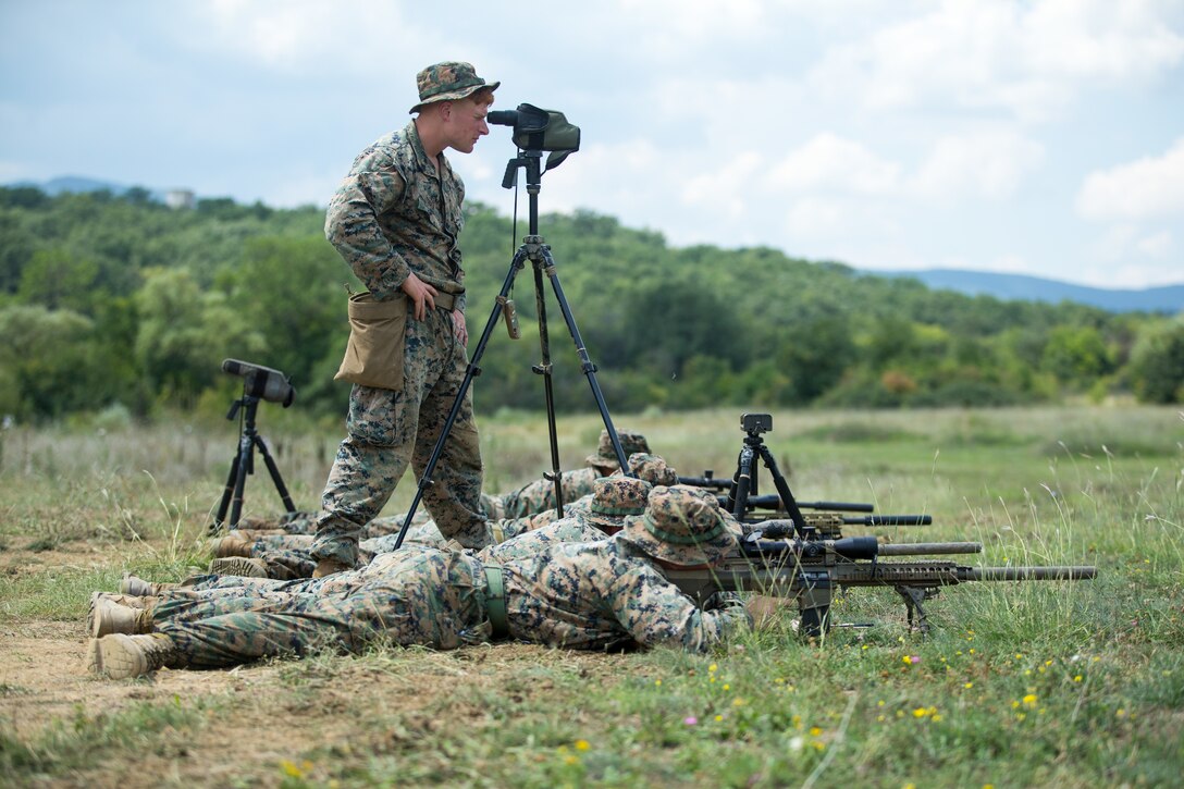 U.S. Marines with Black Sea Rotational Force 18.1 sight in at an unknown distance range during Exercise Platinum Lion 18 at Novo Selo Training Area, Bulgaria, Aug. 7, 2018. Platinum Lion is an annual field training exercise that reinforces relationships in a joint training environment, builds understanding of partner nation tactics, techniques and procedures, and increases interoperability with Allied and partner forces.  (U.S. Marine Corps photo by Lance Cpl. Angel D. Travis/Released)