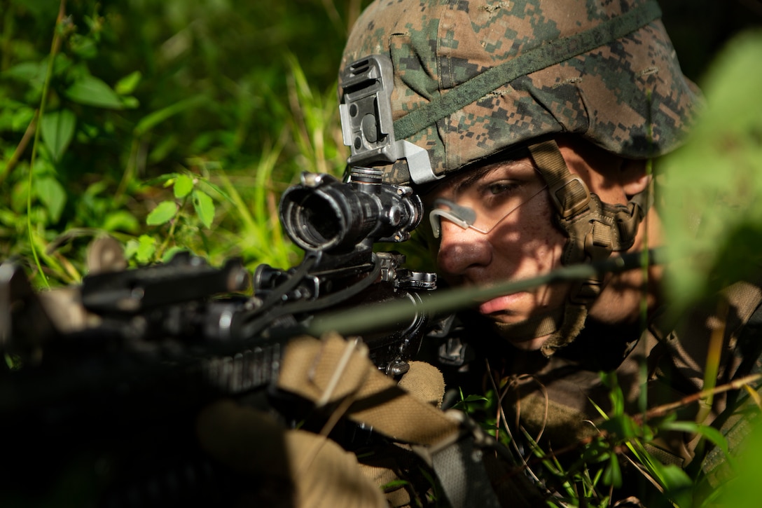 A U.S. Marine with Company A., 2nd Light Armored Reconnaissance Battalion, 2nd Marine Division posts security during an Infantry Platoon Battle Course as part of a Deployment for Training exercise at Fort Pickett, Va., Aug. 21, 2018. The unit completed IPBC to increase Light Armored Vehicle crew and scout cohesion, while also preparing for potential real-world contingencies.