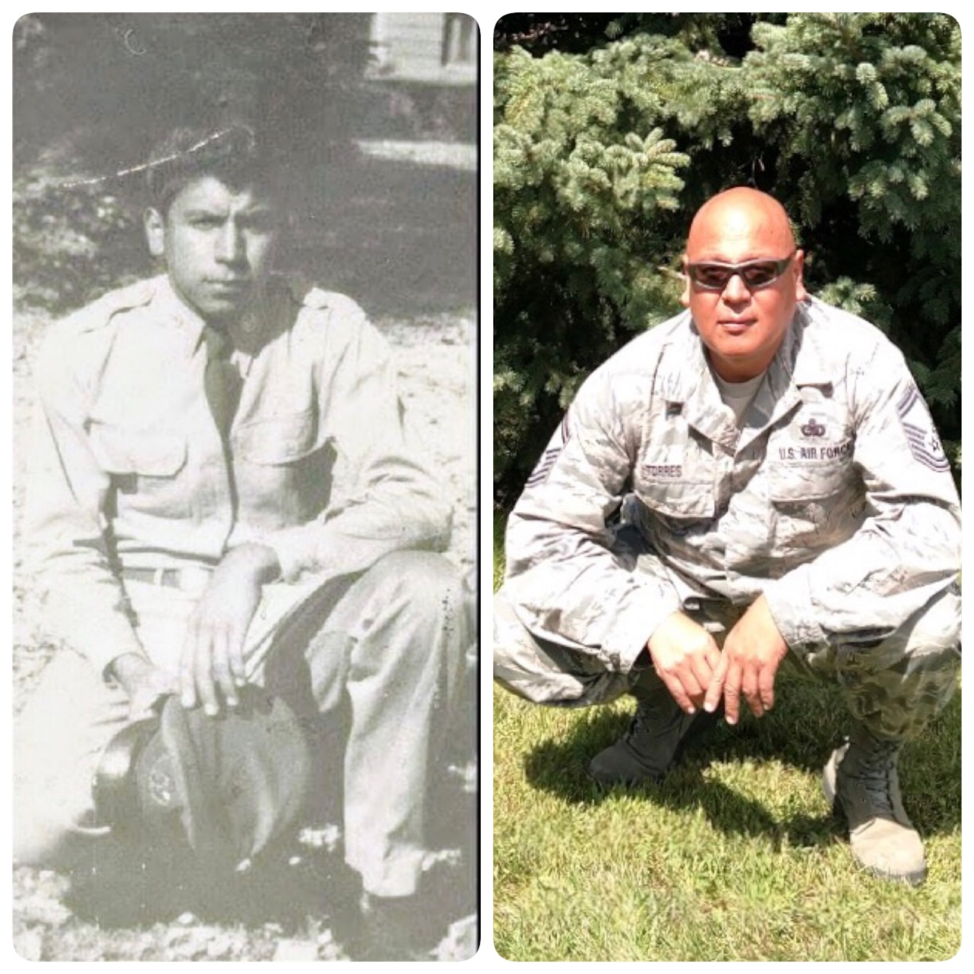 Senior Master Sgt. Oscar Torres, the fuels small section shop chief at the 162nd Fighter Wing in Tucson, Arizona, is pictured beside a historical photo of his father.