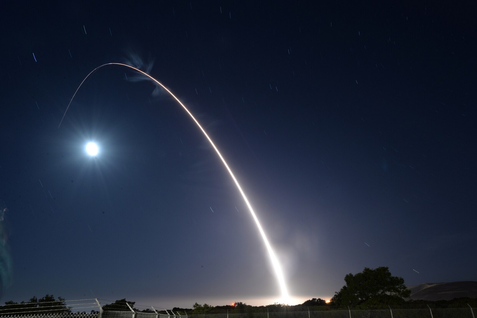 An unarmed Air Force Minuteman III intercontinental ballistic missile launches during an operational test at Vandenberg Air Force Base, California. A team of Air Force Global Strike Command airmen assigned to the 341st Missile Wing at Malmstrom Air Force Base, Montana, launched the Minuteman III ICBM equipped with a single test re-entry vehicle.