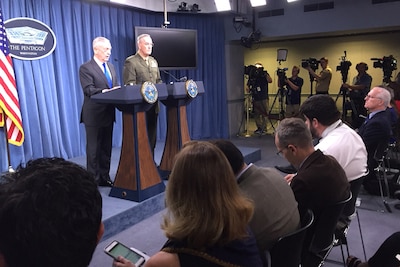 Defense Secretary James N. Mattis and Marine Corps Gen. Joe Dunford, chairman of the Joint Chiefs of Staff, brief reporters on U.S. military strategy and current operations.