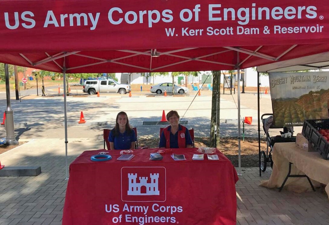 Student Conservation Association Intern Kaleigh Colwell, left, and volunteer Patricia Plieman represented the U.S. Army Corps of Engineers and W. Kerr Scott Dam and Reservoir at the Open Air Market in downtown Wilkesboro on August 24. 75 attendees stopped by their display area. (Photo by volunteer Cathy Wall)