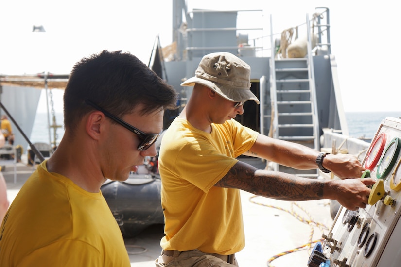 74th Engineer Dive Detachment Soldiers participate in a practice scenario on the deck of LCU 2027 in the Arabian Gulf on July 18, 2018. Safety and proficiency with all equipment is paramount and enhances Soldier capabilities.