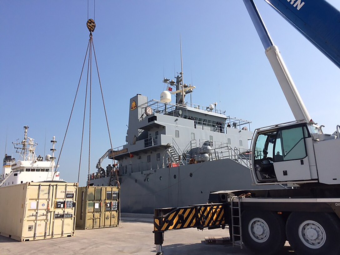 DLA Distribution Bahrain participates in the container upload for the Army Watercraft test from Mina Salman Pier Bahrain to DLA Disposition Services Kuwait.