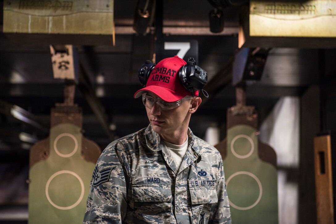 U.S. Air Force Staff Sgt. David Ward, 20th Security Forces Squadron combat arms instructor, oversees students at the firing range at Shaw Air Force Base, S.C., Aug. 22, 2018.