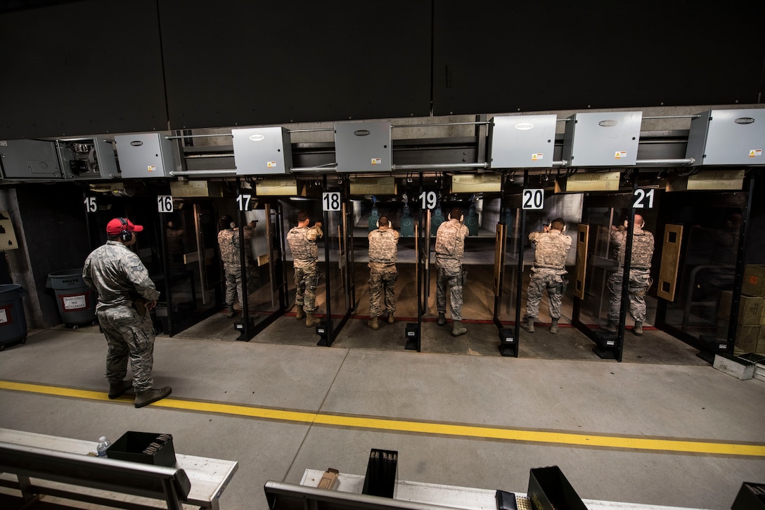 U.S. service members take aim at the firing range on Shaw Air Force Base, S.C., Aug. 22, 2018.