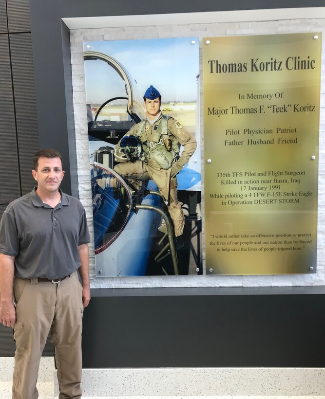 USACE Project Engineer Terry Brooks (pictured) oversaw construction on the new Thomas F. “Teek” replacement clinic at Seymour Johnson Air Force Base, North Carolina. Brooks’ efforts also led to the creation of a memorial wall honoring Koritz’ sacrifice as a flight surgeon and pilot.