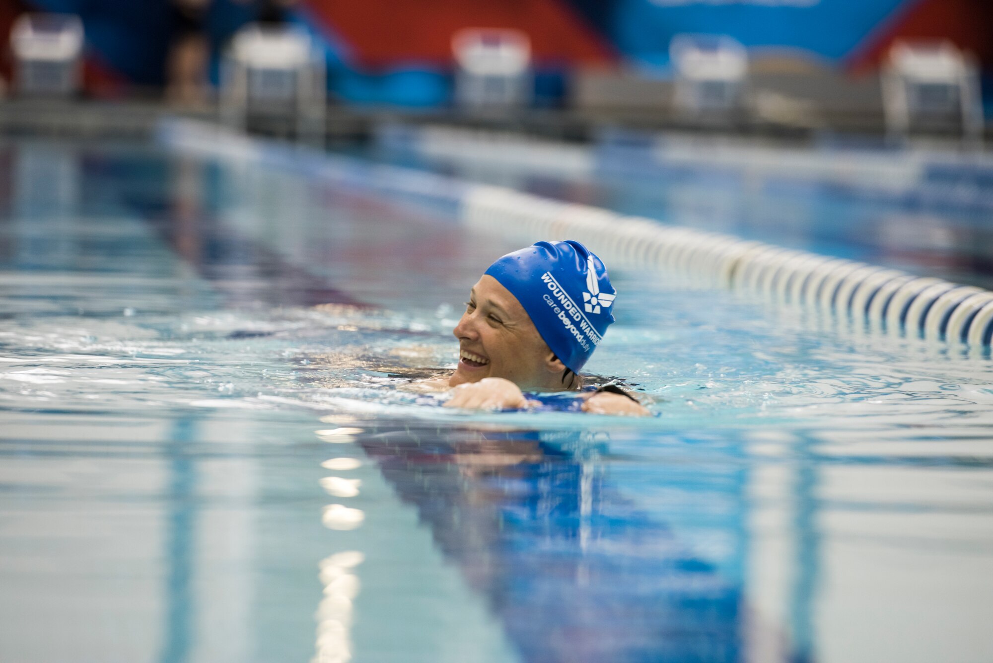 Master Sgt. Lisa Goad, Warrior Games athlete, swims during a Team Air Force swim practice at the U.S. Air Force Academy in Colorado Springs, Colo. on June 7, 2018. Goad is one of the 40 veterans and service members who competed for Team Air Force in the 2018 Department of Defense Warrior Games. (Courtesy photo)