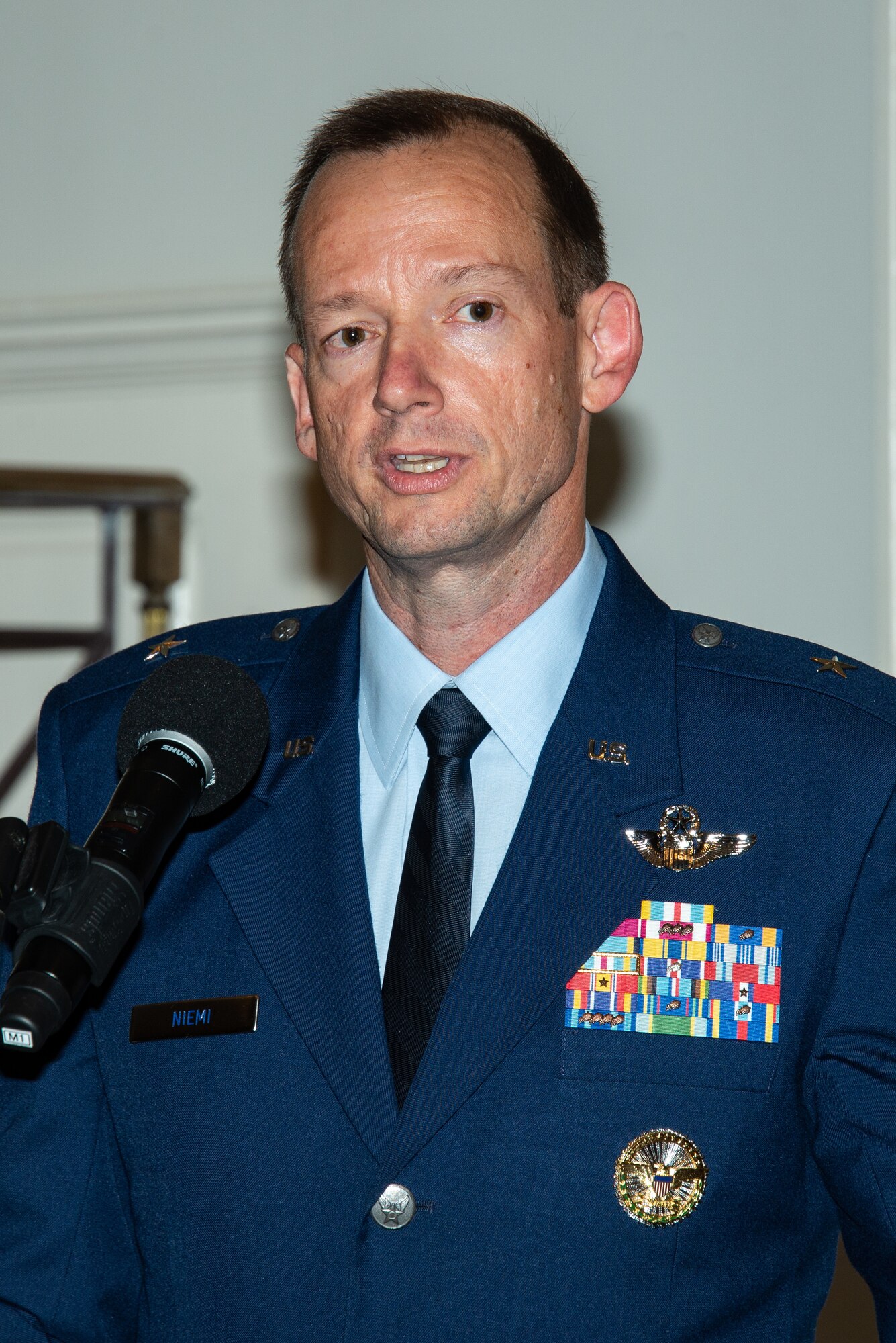 Maxwell AFB, Ala. - Brigadier General Christopher J. Niemi, commander of the Jeanne M. Holm Center for Officer Accessions and Citizen Development makes remarks during his change of command ceremony, August 23, 2018. As head of the Air Force’s largest officer accessioning source, Niemi leads more than 3,200 Airmen and is responsible for the training and development of 163,000 cadets at 2,140 global locations. (US Air Force photo by Melanie Rodgers Cox)
