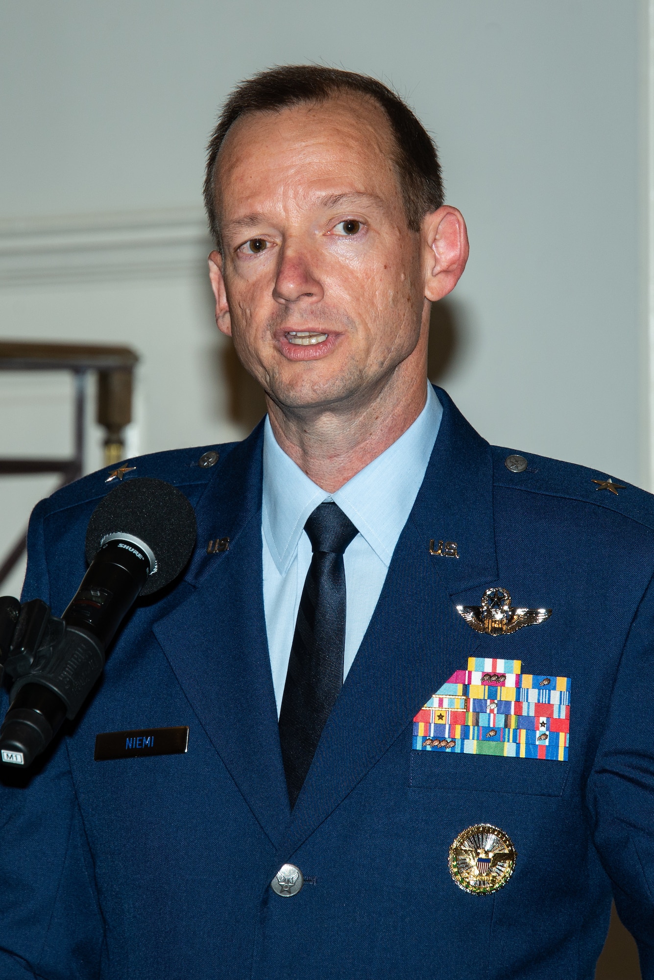 Maxwell AFB, Ala. - Brigadier General Christopher J. Niemi, commander of the Jeanne M. Holm Center for Officer Accessions and Citizen Development makes remarks during his change of command ceremony, August 23, 2018. As head of the Air Force’s largest officer accessioning source, Niemi leads more than 3,200 Airmen and is responsible for the training and development of 163,000 cadets at 2,140 global locations. (US Air Force photo by Melanie Rodgers Cox)