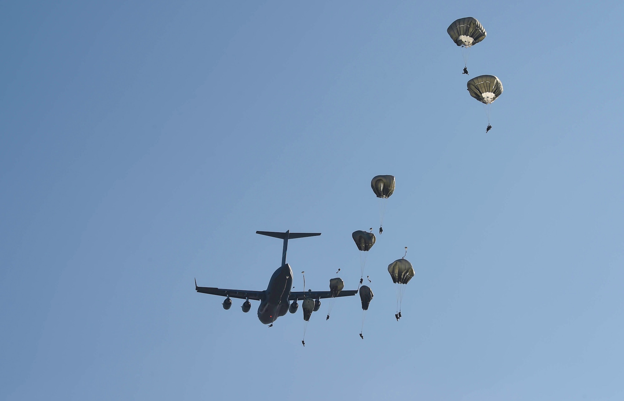 Paratroopers from the 82nd Airborne Division jump from a C-17 Globemaster III from McChord Field, Wash., during Exercise Predictable Iron at Pope Field, N.C., Aug 23, 2018. Airmen from the 62nd Airlift Wing worked alongside the Army to drop equipment and personnel during the exercise. (U.S. Air Force photo by Senior Airman Tryphena Mayhugh)