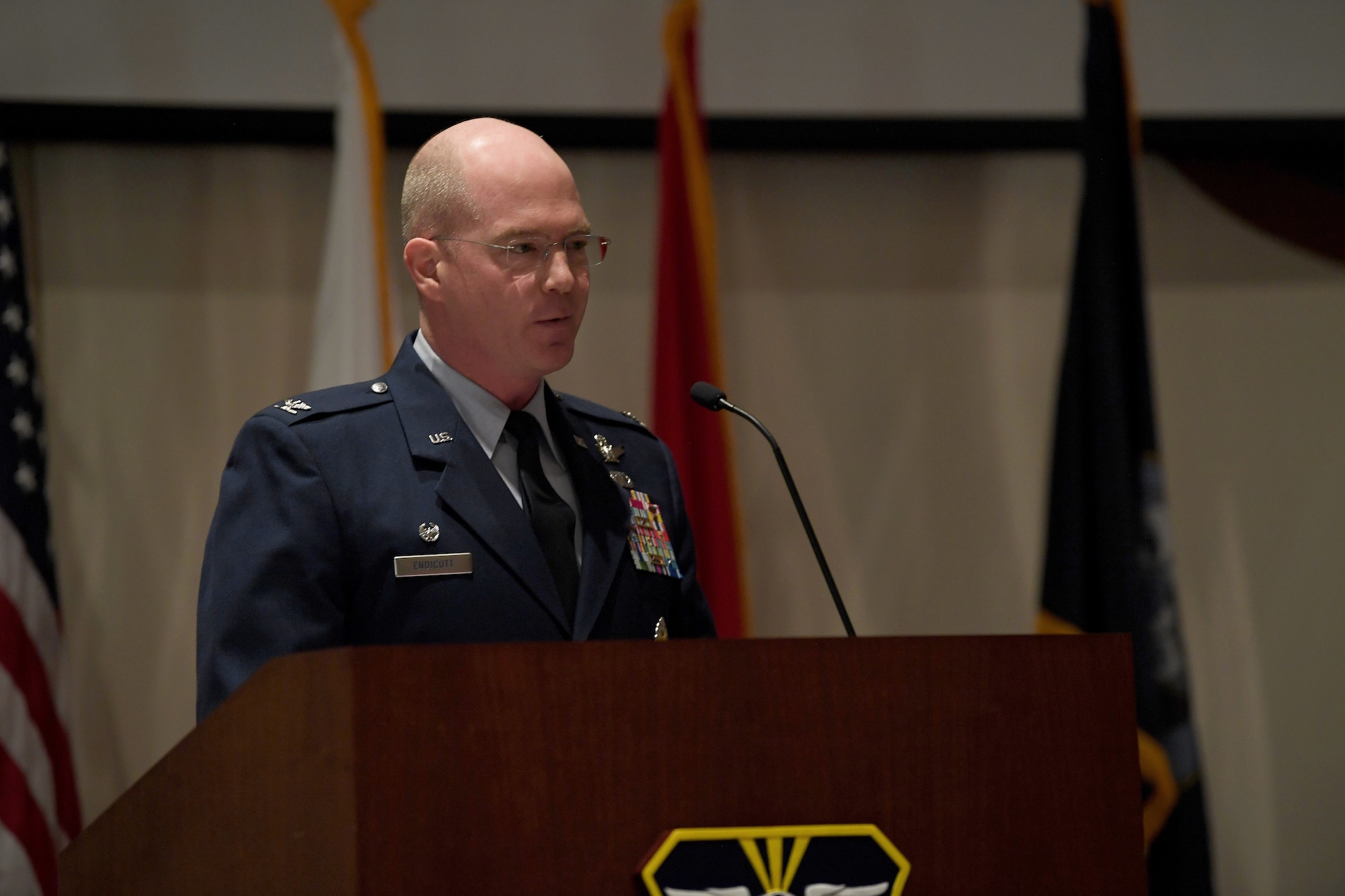 Col. Troy L. Endicott, 460th Space Wing commander, highlights the importance of remembering the heritage of the military and honoring those who served their nation during the Retiree Appreciation Day event at Buckley Air Force Base, Colorado, Aug. 25, 2018.