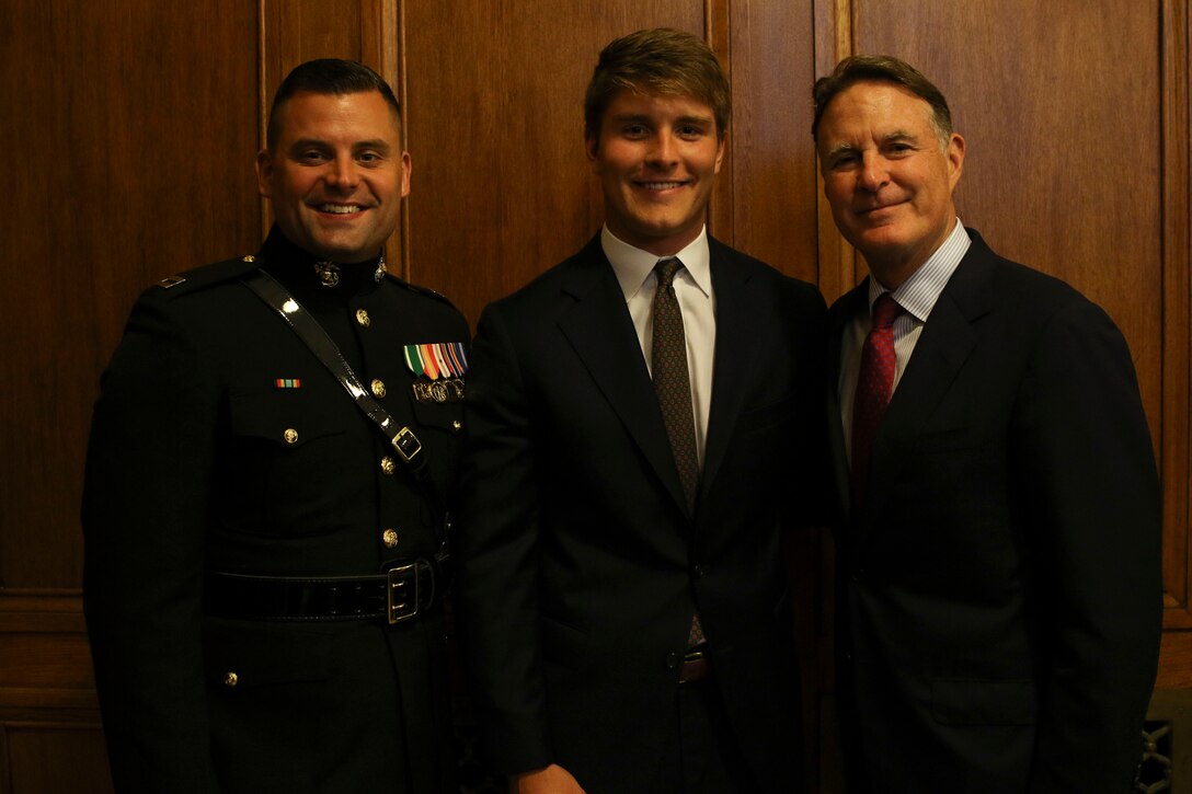 INDIANAPOLIS - On August 25, 2018, Senator Evan Bayh's son, Beau Bayh (center), took his oath to join the ranks of the world's finest fighting force in Indianapolis. Bayh will now proceed to OCS to earn his commission as an officer in the U.S. Marine Corps. His twin brother, Nick Bayh, swore his oath to join the ranks of the U.S. Army. (U.S. Marine Corps photos by Sgt. Carl King)