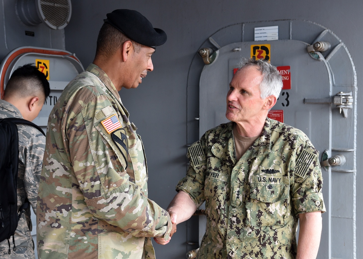 YOKOSUKA, Japan (August 28, 2018) - Adm. Phil Sawyer, commander, U.S. 7th Fleet greets Gen. Vincent K. Brooks, Commander United States Forces Korea, during a visit aboard the U.S. 7th Fleet flagship USS Blue Ridge (LCC19). Brooks visited Blue Ridge to meet with Sawyer to discuss responsibilities, operations and scheduled events within the area of operations.