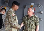 YOKOSUKA, Japan (August 28, 2018) - Adm. Phil Sawyer, commander, U.S. 7th Fleet greets Gen. Vincent K. Brooks, Commander United States Forces Korea, during a visit aboard the U.S. 7th Fleet flagship USS Blue Ridge (LCC19). Brooks visited Blue Ridge to meet with Sawyer to discuss responsibilities, operations and scheduled events within the area of operations.