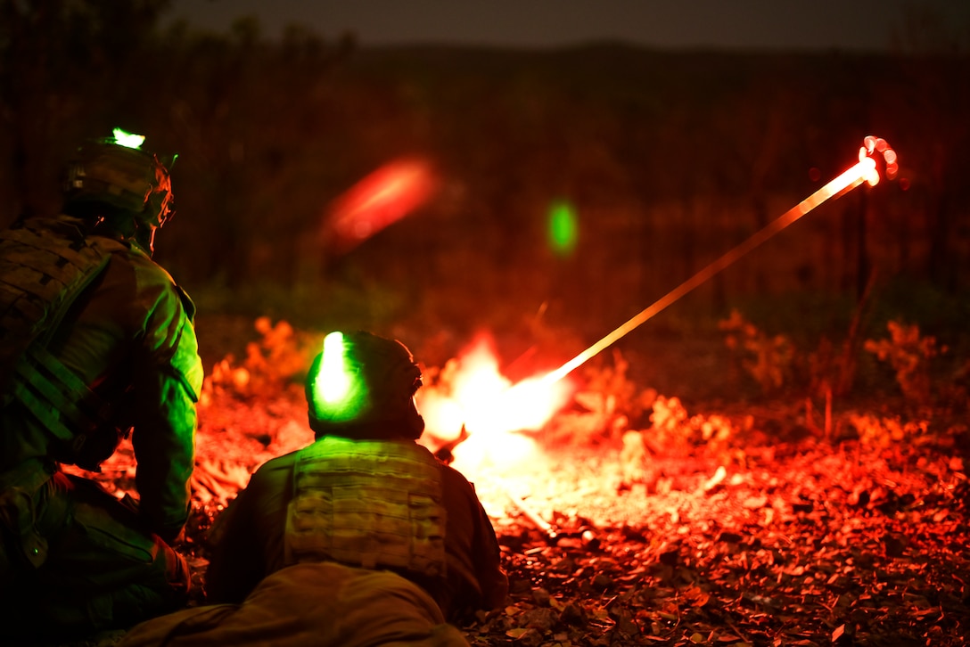 Australian Defence Force members with Charlie Company, 5th Royal Australian Regiment, fire squad automatic weapons during Marine Rotational Force – Darwin’s Exercise Koolendong at Mount Bundey Training Area, Australia, Aug. 22, 2018. Ex Koolendong consisted of multi-lateral training between the U.S., Australia and French forces and included night raids, platoon and company sized live-fire attacks, the air wing, artillery and mortar live-fire and other elements to show full Marine Air-Ground Task Force capabilities in the region.