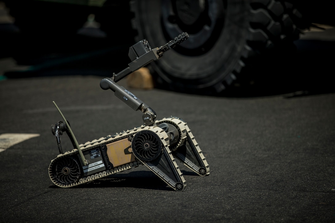 U.S. Marines with Combat Logistics Battalion 15, 1st Marine Logistics Group, utilize a 310 SUG-V robot used by explosive ordinance disposal technicians during the Humanitarian Assistance Disaster Relief Village demonstration in Los Angeles, Calif., Aug. 28, 2018. Attendees walked through a static display to learn about community preparedness and how to prepare themselves, their family and their community during a disaster. I Marine Expeditionary Force annually provides support to civil authorities through key relationship building exercises and tactically focused training across the state to support regional actors in responding to wildfires, catastrophic earthquakes or other natural disasters.