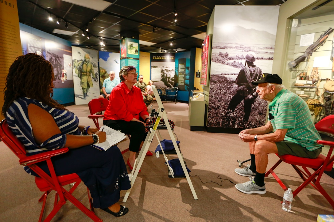 Edward Cilli, a 96-year-old World War II Veteran, tells interviewers his story of serving in the Marine Corps in the South Pacific. Cilli was one of over twenty veterans interviewed by members of the Veterans History Project and student veterans from the Technical College of the Lowcountry located in Beaufort, S.C. as part of an oral history project. The interviews were conducted July 31, 2018 at the Marine Corps Museum at Marine Corps Recruit Depot Parris Island, S.C.