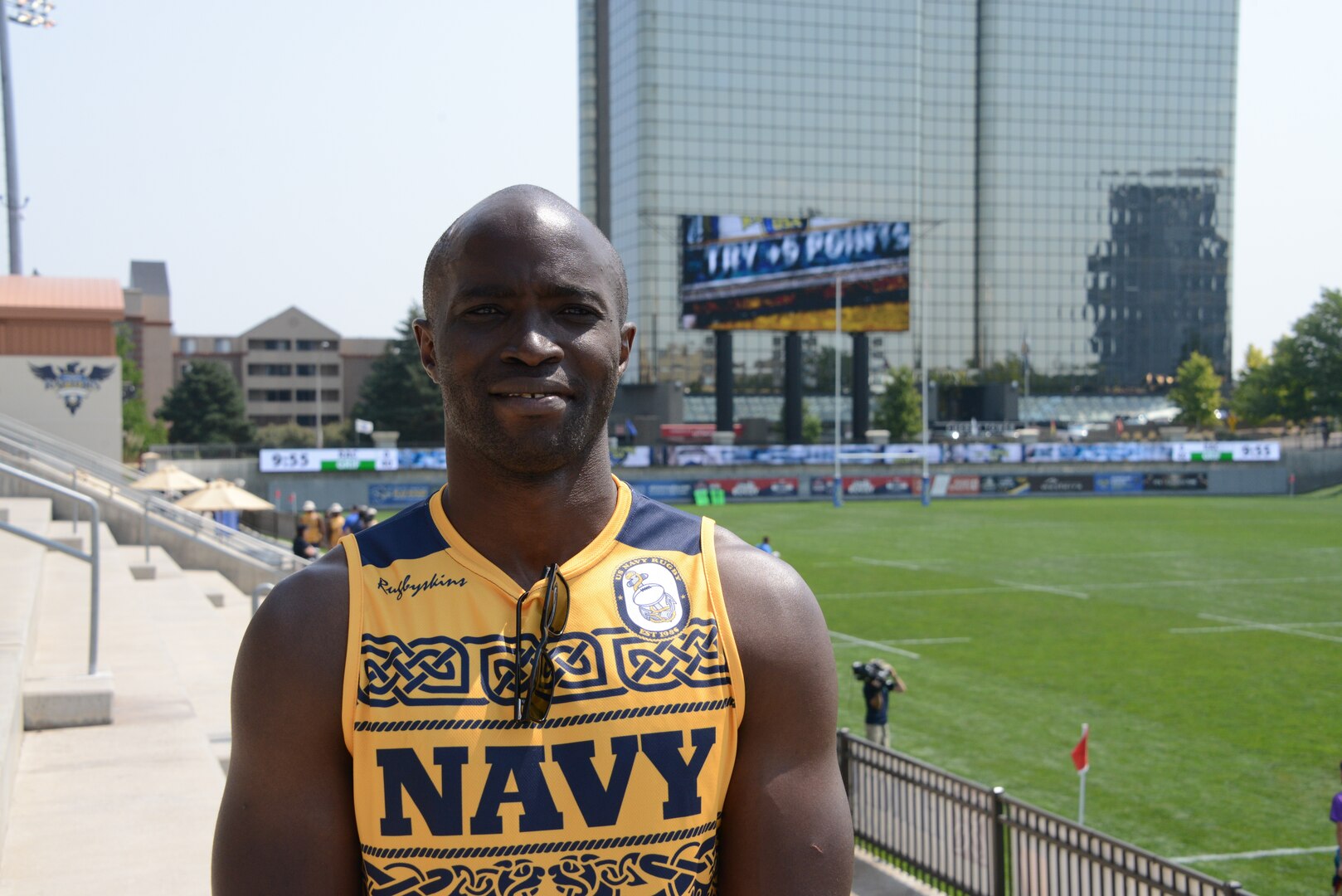 GLENDALE, Colo. – Navy Hospital Corpsman Cyprian Shimenga of Portsmouth, Va. stands if front of the pitch at 2018 Armed Forces Rugby Sevens Championship at Infinity Park, home of Rugbytown USA (Glendale, Colo.), Aug. 24-26, 2018. All Five Service branches are represented individually to compete in the 7th annual head-to-head competition. U.S. Navy photo by Mass Communication Specialist 2nd Class Tyler Caswell (Released).