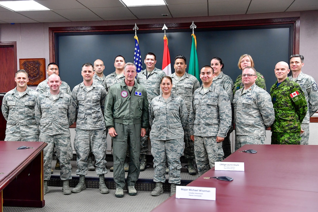 Gen. Terrence O'Shaughnessy, NORAD and USNORTHCOM commander, visits the Western Air Defense Sector, Joint Base Lewis-McChord, Washington Aug. 23, 2018.  O'Shaughnessy met with the WADS operations crew that provided command and control of the 142nd Fighter Wing's F-15 intercept of the Aug. 10 stolen Horizon Bombardier Q400 aircraft out of SeaTac International Airport. (U.S. Air National Guard photo by Maj. Kimberly D. Burke)