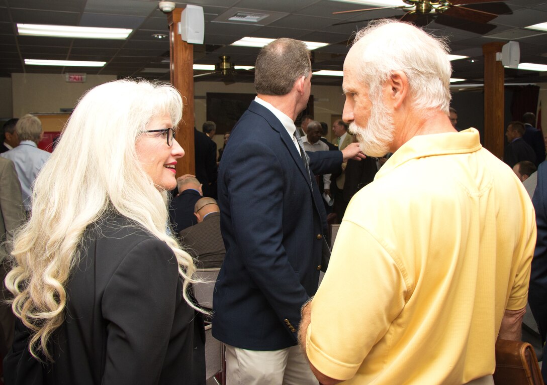 Dr. Norma J. Mattei, Mississippi River Commission member, speaks with partners and the public before the annual low-water inspection public hearing in Vicksburg, Mississippi, Aug. 22, 2018.