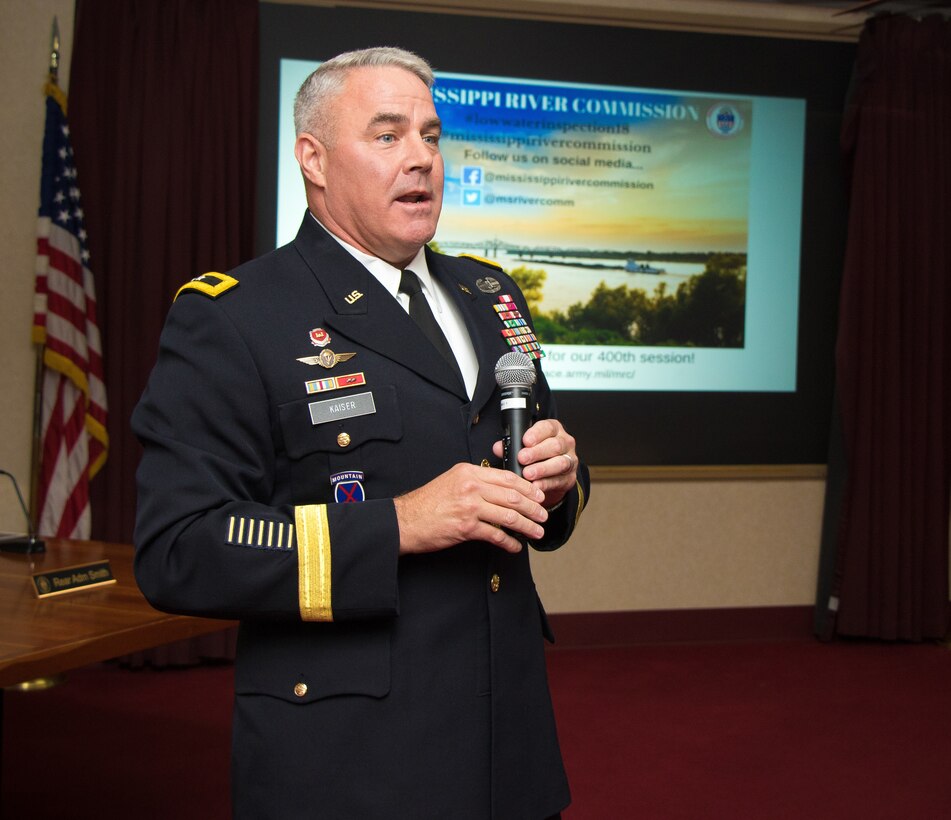Maj. Gen. Richard Kaiser, Mississippi River Commission president, provides opening remarks during the annual low-water inspection public hearing in Vicksburg, Mississippi, Aug. 22, 2018.