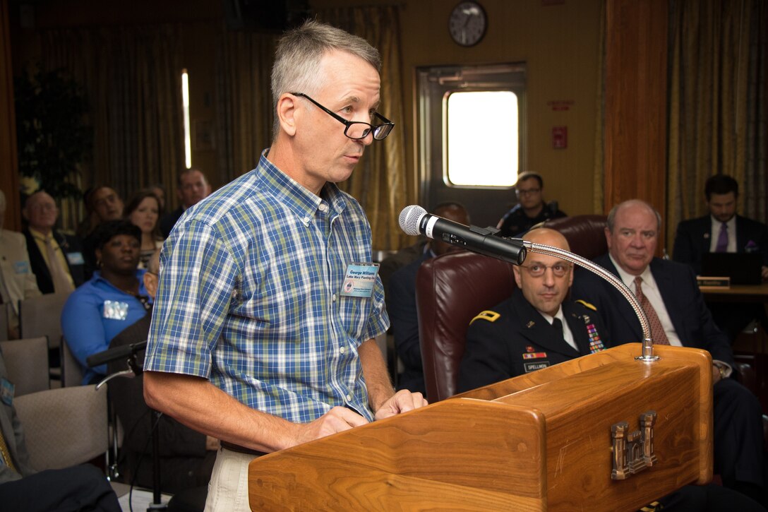 George Williams, with the Lake Mary Planting Company, provides testimony during the Mississippi River Commission's annual low-water inspection and public hearing in Vicksburg, Mississippi, Aug. 22, 2018.
