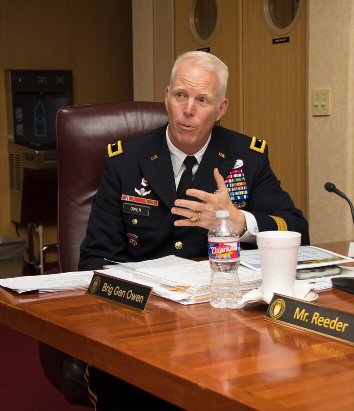 Brig. Gen. Paul Owen, Mississippi River Commission member, speaks during the annual low-water inspection and public hearing in Vicksburg, Mississippi, Aug. 22, 2018.