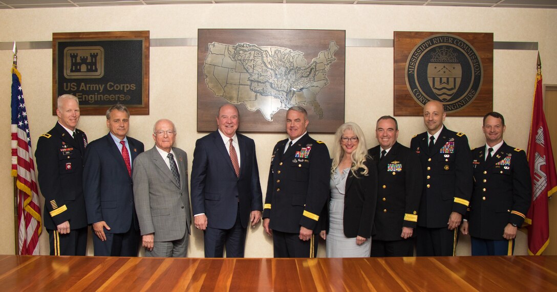 R.D. James, Assistant Secretary to the Army for Civil Works and Maj. Gen. Scott  Spellmon, U.S. Army Corps of Engineers Deputy Commanding General for Civil and Emergency Operations, stand with the Mississippi River Commission aboard the motor vessel Mississippi in Vicksburg, Mississippi, Aug. 23. 2018.