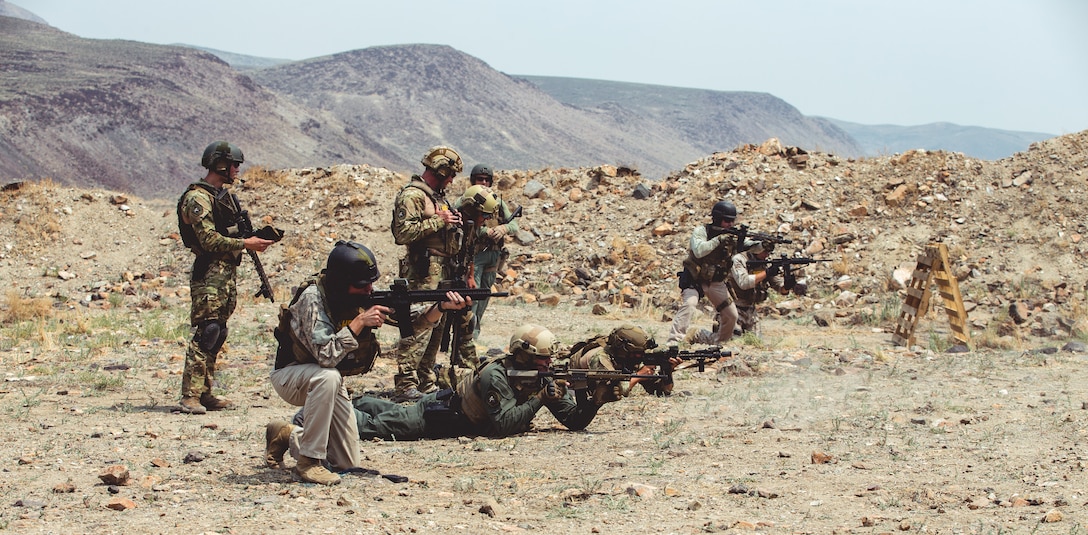 Police officers with the Carson City Special Weapons and Tactics (SWAT) team fire their weapons during a maneuver and fire drill at a training area in Hawthorne, Nev., Aug 2, 2018. The purpose of this training was for Marine Corps Forces Special Operations Command Marines and Carson City SWAT to exchange knowledge and tactics to improve not only the Marines’ war fighting lethality, but also for the SWAT team to improve their tactics for specialized domestic incidents. (U.S. Marine Corps photo by Lance Cpl. William Chockey)