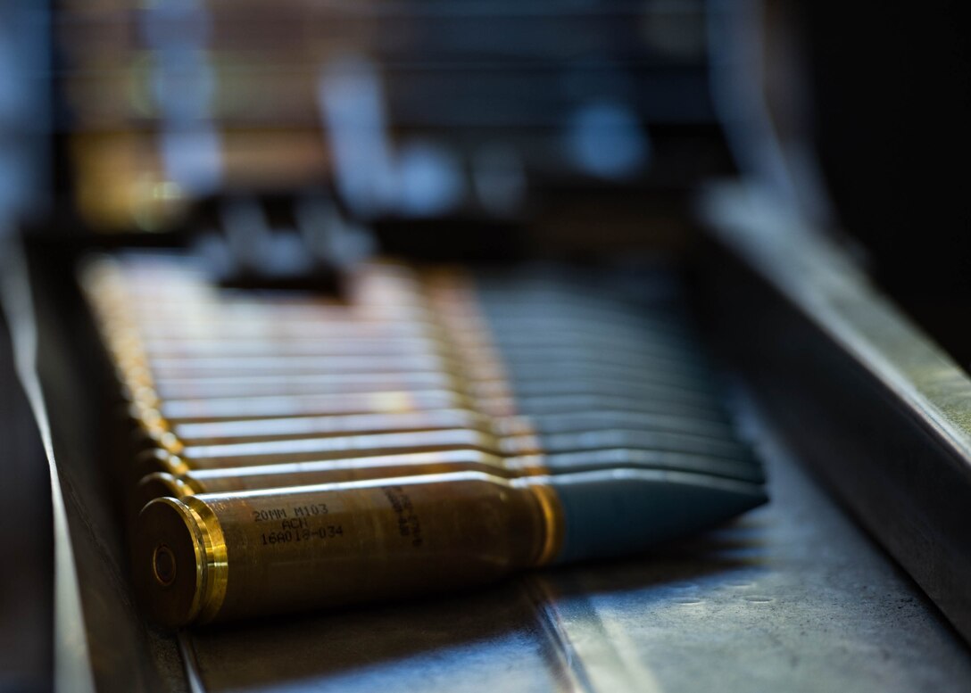 A universal ammunition loading system is loaded with 20 mm rounds at Joint Base Langley-Eustis, Virginia, May 1, 2018.