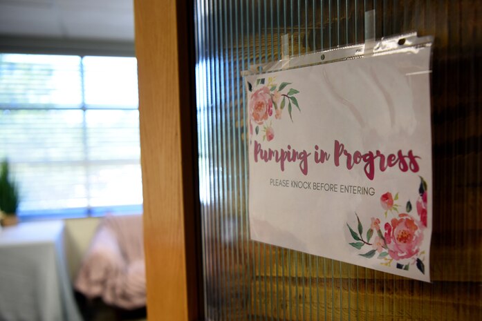A sign hangs from the door of a breastfeeding room at Joint Base Charleston, S.C., Aug. 29, 2018.