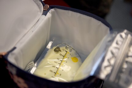 Pouches of breast milk sit in a cooler at Joint Base Charleston, S.C., Aug. 29, 2018.
