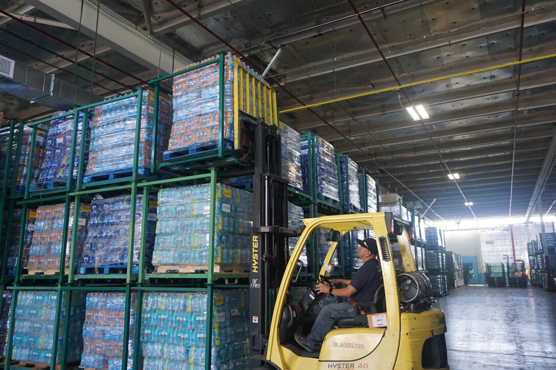 Pictured is Edward Zarate of the Bulk Division dropping a load of water in support of Hurricane Lane aid destined to Hawaii.