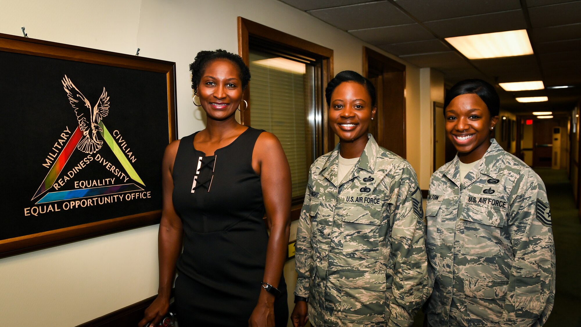 Jocelyn Williams, 51st Fighter Wing Equal Opportunity director, left, Master Sgt. Shalicia Wright, 51st FW EO superintendent, and Tech. Sgt. Shiantee Walton, 51st FW noncommissioned officer in charge of EO, pose for a photo on Osan Air Base, Republic of Korea, August 30, 2018. (U.S. Air Force photo by Staff Sgt. Benjamin Raughton)